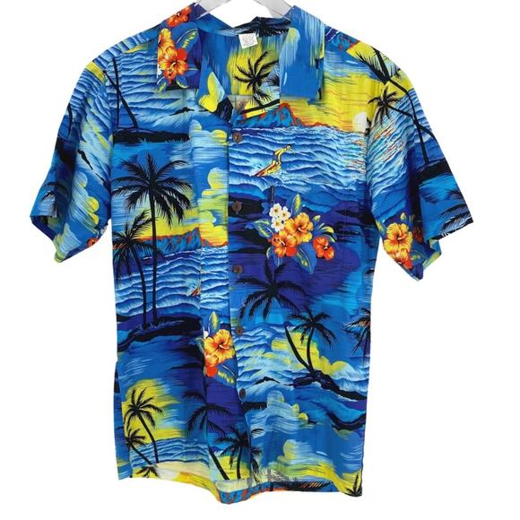 Palmwave Hawaiian shirt size small blue yellow surfer volcano palm trees - Picture 1 of 9
